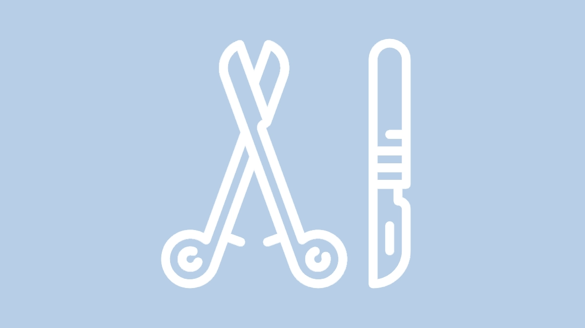 Ikona chirurgii - biały zarys nożyc i nożyka na jasnoniebieskim tle.
