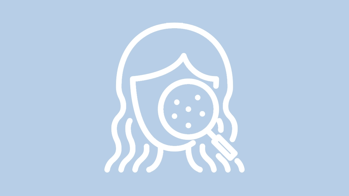 Ikona dermatologii- biały zarys głowy kobiety i lupy na jasnoniebieskim tle.