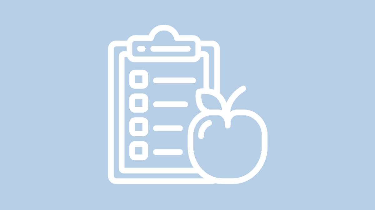 Ikona diabetologii - biały zarys listy i jabłka na jasnoniebieskim tle.