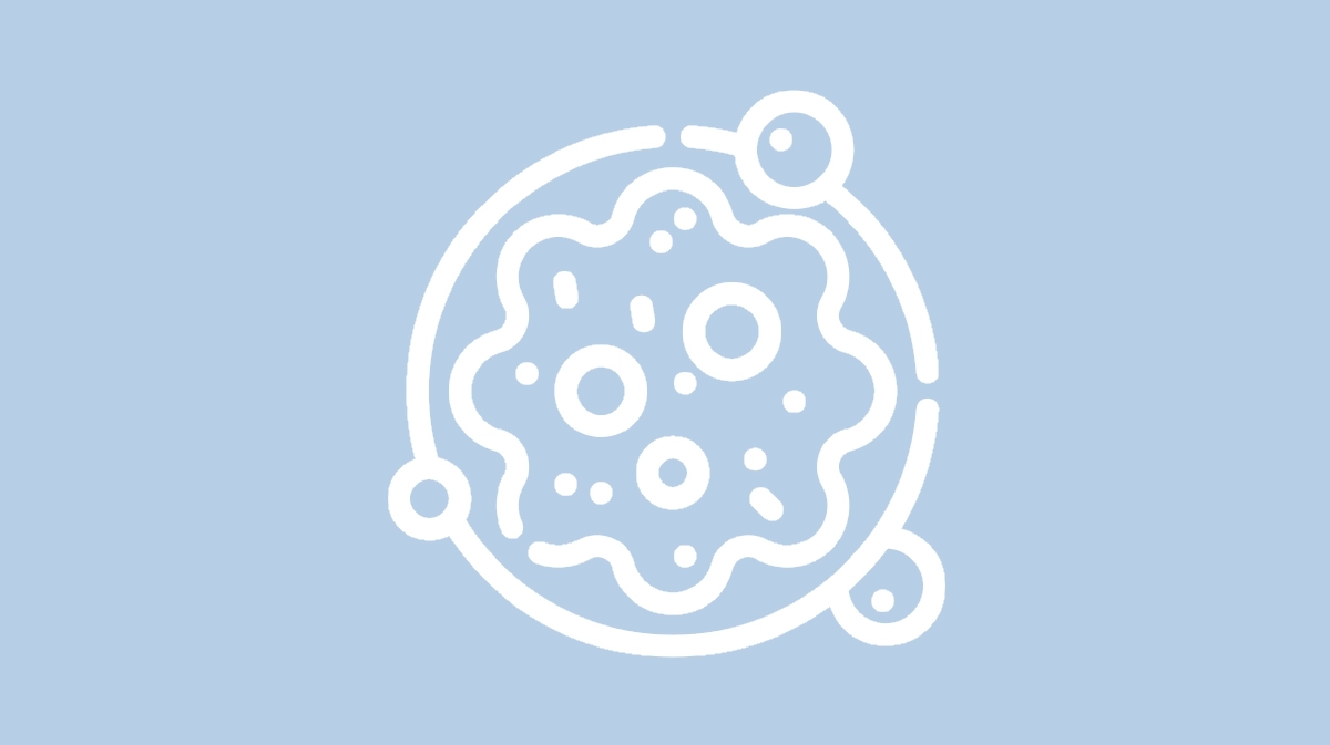 ikona onkologii - biały zarys wirusa na jasnoniebieskim tle