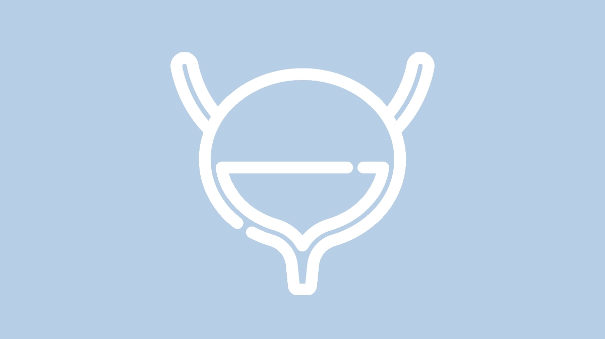 ikona urologii- biały zarys pęcherza moczowego na jasnoniebieskim tle